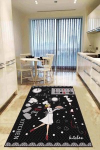 Siyah Kaymaz Taban Yıkanan Aşçı Desenli Mutfak Halısı AR971 Siyah Kaymaz Taban Yıkanan Aşçı Desenli Mutfak Halısı AR971