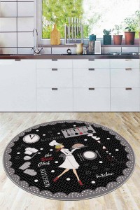 Siyah Kaymaz Taban Aşçı Desenli Yuvarlak Mutfak Halısı AR972 Siyah Kaymaz Taban Aşçı Desenli Yuvarlak Mutfak Halısı AR972