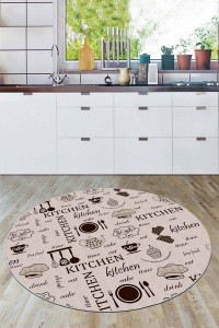 Bej Kaymaz Çaydanlık Desenli Yuvarlak Mutfak Halısı AR977 Bej Kaymaz Çaydanlık Desenli Yuvarlak Mutfak Halısı AR977