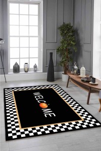 Siyah Kaymaz Tabanlı Bal Kabağı Desenli Mutfak Halısı MT39 Siyah Kaymaz Tabanlı Bal Kabağı Desenli Mutfak Halısı MT39