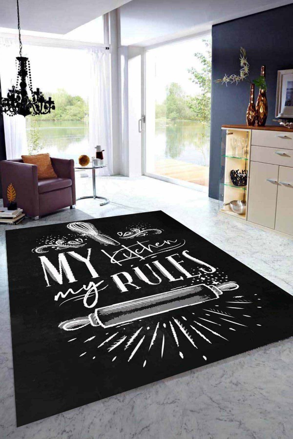 Siyah Kaymaz Tabanlı My Kitchen My Rules Mutfak Halısı MT41