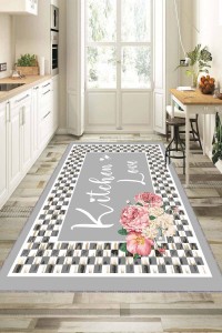 Gri Kaymaz Tabanlı Kitchen Love Mutfak Halısı Yolluk VH094 Gri Kaymaz Tabanlı Kitchen Love Mutfak Halısı Yolluk VH094