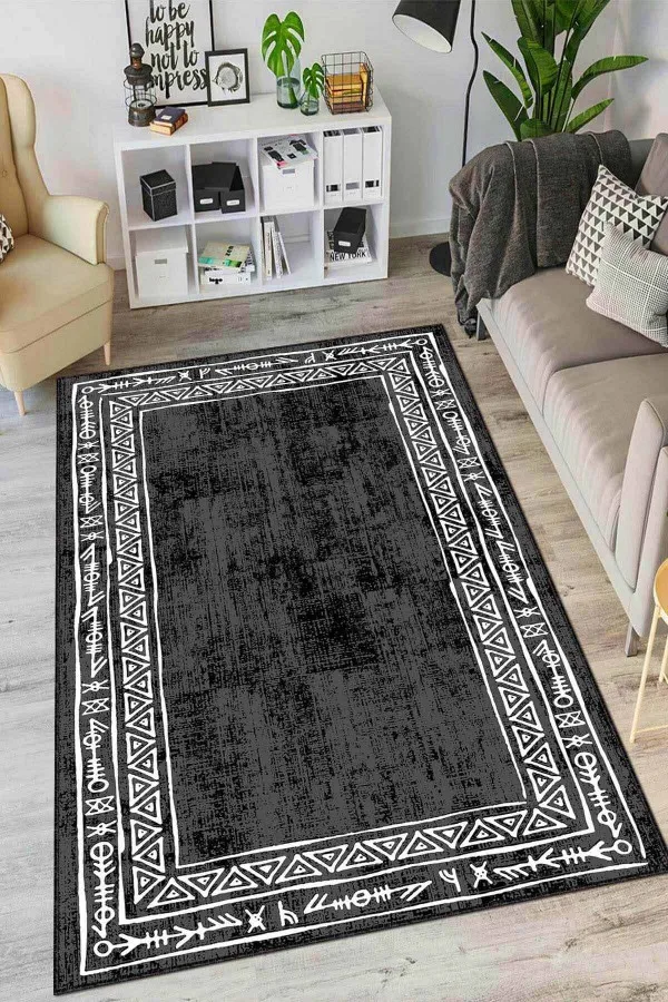 Özel Ölçülü Mutfak Halısı Siyah Kaymaz Tabanlı Otantik Desen Mutfak Halısı AR1034
