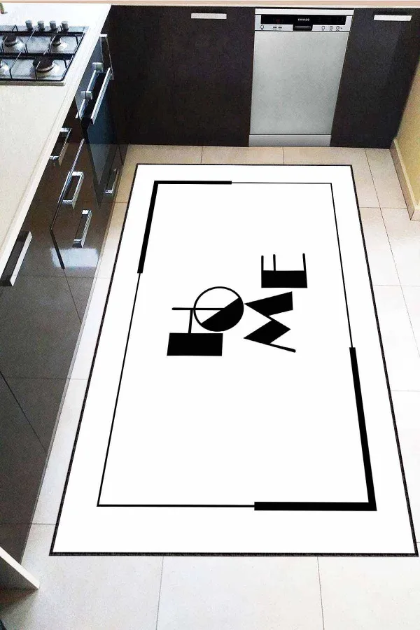 Beyaz Mutfak Halısı Beyaz Kaymaz Taban Yıkanan Home Desenli Mutfak Halısı AR1259