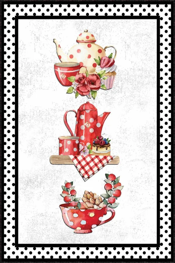 Mutfak Halısı 80X200 Pembe Kaymaz Tabanlı Çaydanlık Desenli Mutfak Halısı AR341B
