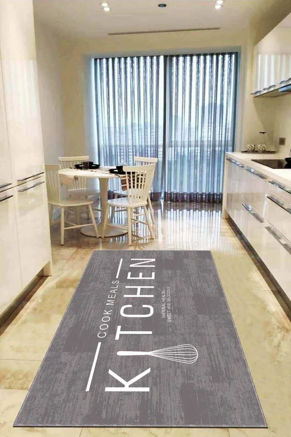 6 M2 Mutfak Halısı Gri Kaymaz Taban Yıkanan Kitchen Yazılı Mutfak Halısı AR793