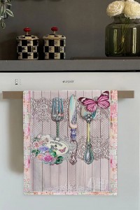 Pembe Kelebek Desenlili Fırın Mutfak Havlusu 30x50cm