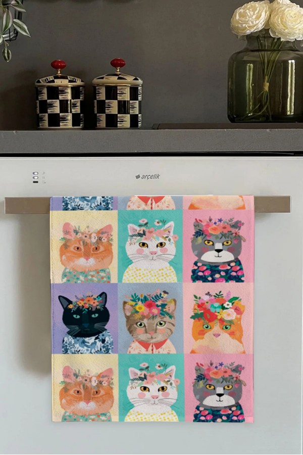 Renkli Mutfak Havluları Renkli Kedili Fırın Mutfak Havlusu 30x50cm