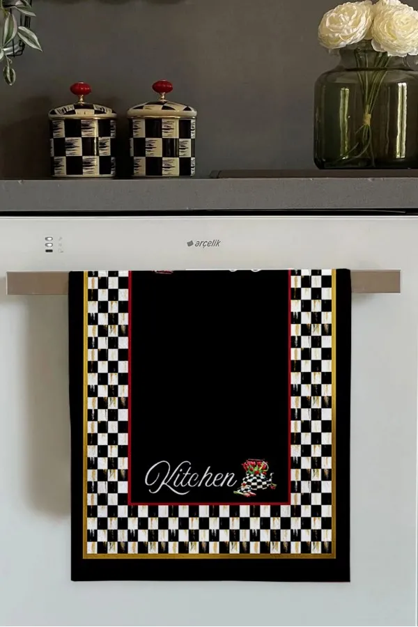 Kişiye Özel Mutfak Havlusu Siyah Damalı Fırın Mutfak Havlusu 30x50cm