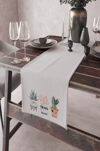 Ekru Kaktüslü Desen Premium Masa Örtüsü Runner RNR034 Ekru Kaktüslü Desen Premium Masa Örtüsü Runner RNR034