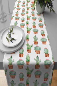 Yeşil Kaktüs Desenli Premium Masa Örtüsü Runner RNR057 Yeşil Kaktüs Desenli Premium Masa Örtüsü Runner RNR057
