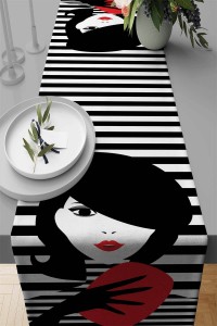 Siyah Yüzler Desen Premium Masa Örtüsü Runner RNR059 Siyah Yüzler Desen Premium Masa Örtüsü Runner RNR059