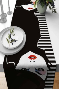 Siyah Yüzler Desen Premium Masa Örtüsü Runner RNR060 Siyah Yüzler Desen Premium Masa Örtüsü Runner RNR060