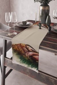 Bej Etnik Desenli Premium Masa Örtüsü Runner RNR063 Bej Etnik Desenli Premium Masa Örtüsü Runner RNR063