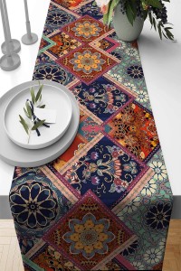 Çok Renkli Etnik Desenli Premium Masa Örtüsü Runner RNR077 Çok Renkli Etnik Desenli Premium Masa Örtüsü Runner RNR077