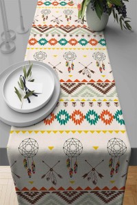Krem Etnik Desenli Premium Masa Örtüsü Runner RNR086 Krem Etnik Desenli Premium Masa Örtüsü Runner RNR086