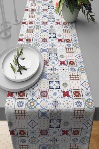 Kırmızı Çini Desen Premium Masa Örtüsü Runner RNR093 Kırmızı Çini Desen Premium Masa Örtüsü Runner RNR093