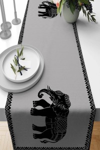 Gri Etnik Fil Desenli Premium Masa Örtüsü Runner RNR105 Gri Etnik Fil Desenli Premium Masa Örtüsü Runner RNR105