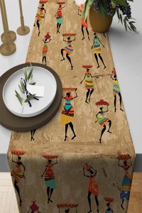 Bej Etnik Desenli Premium Masa Örtüsü Runner RNR106 Bej Etnik Desenli Premium Masa Örtüsü Runner RNR106