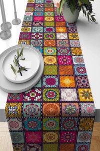 Çok Renkli Çini Desen Premium Masa Örtüsü Runner RNR109 Çok Renkli Çini Desen Premium Masa Örtüsü Runner RNR109
