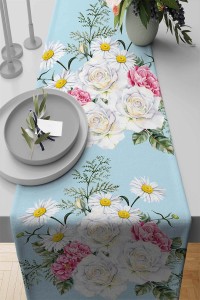 Mavi Çiçekli Desen Premium Masa Örtüsü Runner RNR131 Mavi Çiçekli Desen Premium Masa Örtüsü Runner RNR131