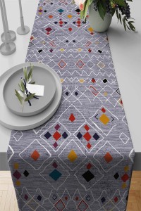 Gri Etnik Desenli Premium Masa Örtüsü Runner RNR132 Gri Etnik Desenli Premium Masa Örtüsü Runner RNR132