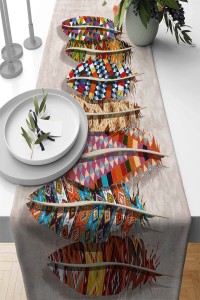 Bej Etnik Desenli Premium Masa Örtüsü Runner RNR134 Bej Etnik Desenli Premium Masa Örtüsü Runner RNR134