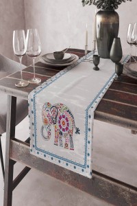 Mavi Etnik Fil Desenli Premium Masa Örtüsü Runner RNR155 Mavi Etnik Fil Desenli Premium Masa Örtüsü Runner RNR155