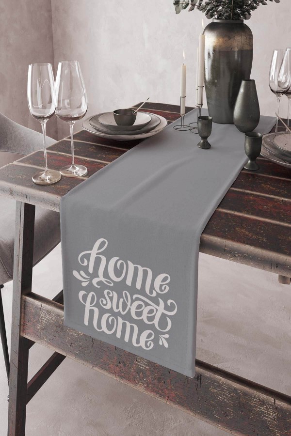 Gri Home Sweet Home Premium Masa Örtüsü Runner RNR157