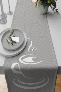 Gri Fincanlı Mutfak Premium Masa Örtüsü Runner RNR163 Gri Fincanlı Mutfak Premium Masa Örtüsü Runner RNR163