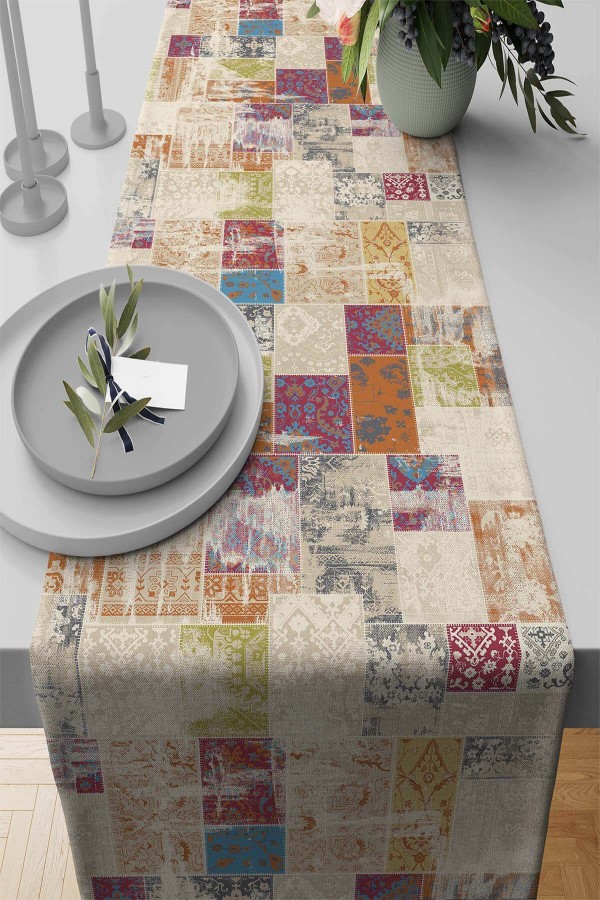 Çok Renkli Patchwork Premium Masa Örtüsü Runner RNR170