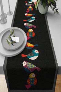 Siyah Etnik Kuş Desenli Premium Masa Örtüsü Runner RNR211 Siyah Etnik Kuş Desenli Premium Masa Örtüsü Runner RNR211