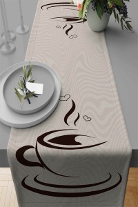 Bej Fincanlı Mutfak Premium Masa Örtüsü Runner RNR284 Bej Fincanlı Mutfak Premium Masa Örtüsü Runner RNR284