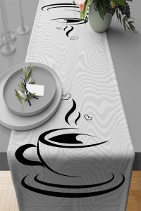 Beyaz Fincanlı Mutfak Premium Masa Örtüsü Runner RNR285 Beyaz Fincanlı Mutfak Premium Masa Örtüsü Runner RNR285