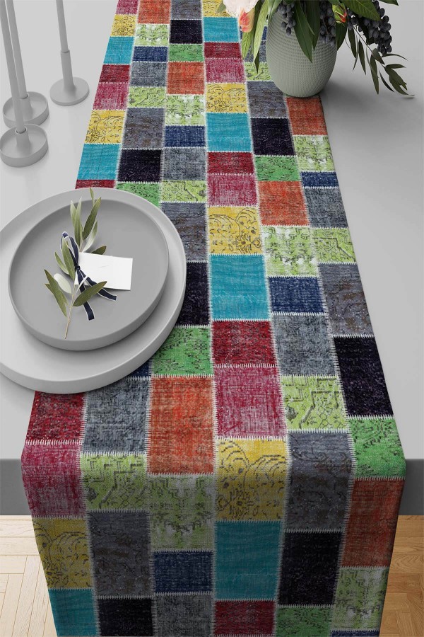 Çok Renkli Patchwork Premium Masa Örtüsü Runner RNR288