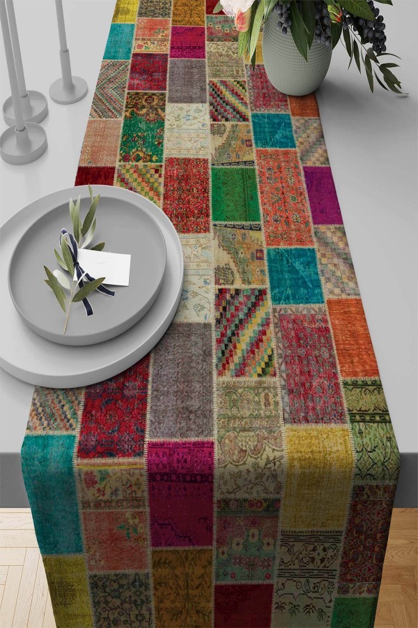 Çok Renkli Patchwork Premium Masa Örtüsü Runner RNR291