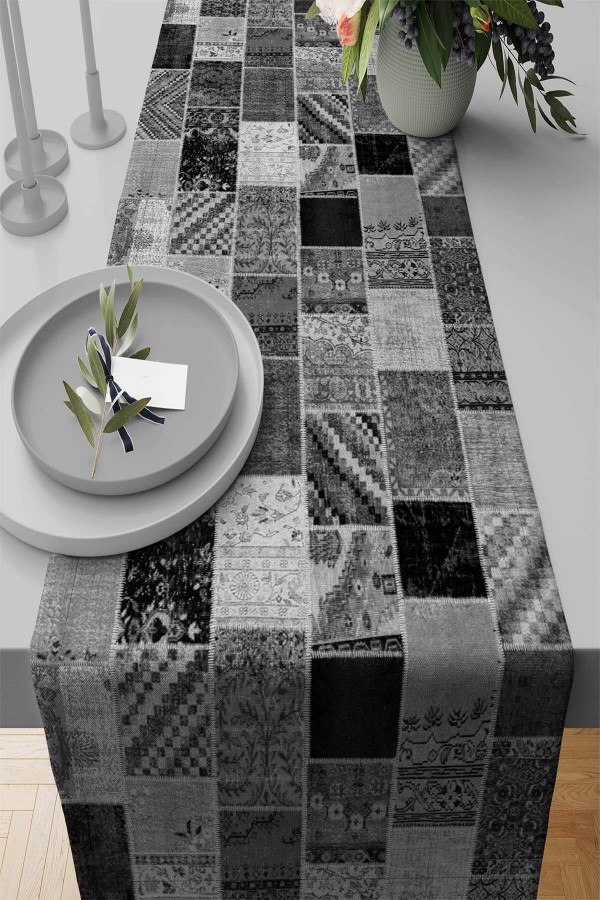 Gri Patchwork Kırk Yama Premium Masa Örtüsü Runner RNR292