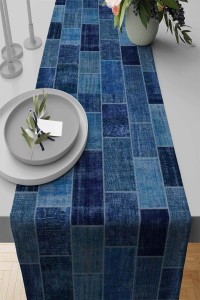 Mavi Patchwork Desenli Premium Masa Örtüsü Runner RNR297 Mavi Patchwork Desenli Premium Masa Örtüsü Runner RNR297