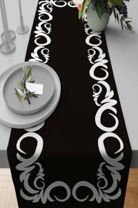 Siyah Çerçeveli Desen Premium Masa Örtüsü Runner RNR316 Siyah Çerçeveli Desen Premium Masa Örtüsü Runner RNR316