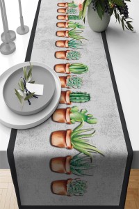 Gri Kaktüs Desenli Premium Masa Örtüsü Runner RNR335 Gri Kaktüs Desenli Premium Masa Örtüsü Runner RNR335