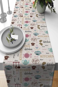 Turkuaz Mutfak Temalı Premium Masa Örtüsü Runner RNR336 Turkuaz Mutfak Temalı Premium Masa Örtüsü Runner RNR336