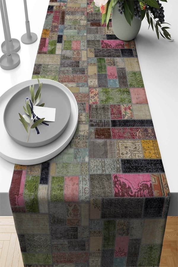 Çok Renkli Patchwork Premium Masa Örtüsü Runner RNR346