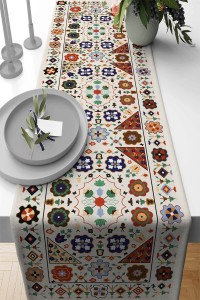 Krem Etnik Desenli Premium Masa Örtüsü Runner RNR357 Krem Etnik Desenli Premium Masa Örtüsü Runner RNR357