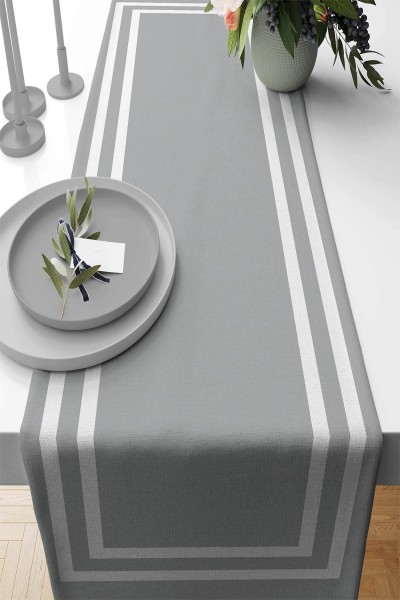 Gri Çerçeveli Desen Premium Masa Örtüsü Runner RNR366