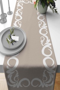 Bej Çerçeveli Desen Premium Masa Örtüsü Runner RNR386 Bej Çerçeveli Desen Premium Masa Örtüsü Runner RNR386