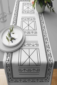 Beyaz Etnik Desenli Premium Masa Örtüsü Runner RNR432 Beyaz Etnik Desenli Premium Masa Örtüsü Runner RNR432