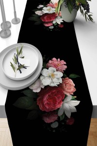 Siyah Çiçek Desenli Premium Masa Örtüsü Runner RNR436 Siyah Çiçek Desenli Premium Masa Örtüsü Runner RNR436