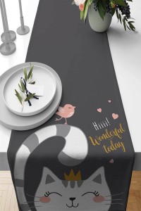 Koyu Gri Kedi Desenli Premium Masa Örtüsü Runner RNR440 Koyu Gri Kedi Desenli Premium Masa Örtüsü Runner RNR440