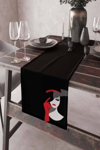 Siyah Yüzler Desen Premium Masa Örtüsü Runner RNR443 Siyah Yüzler Desen Premium Masa Örtüsü Runner RNR443