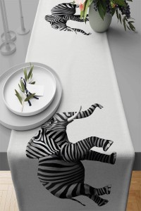 Ekru Etnik Fil Desenli Premium Masa Örtüsü Runner RNR446 Ekru Etnik Fil Desenli Premium Masa Örtüsü Runner RNR446